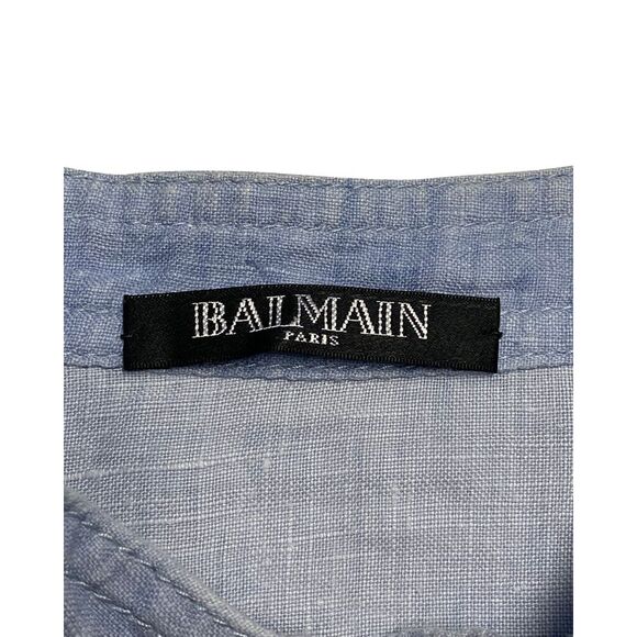 Balmain Shirt with Adjustable Sleeves with Pockets in Blue Linen - Picture 7 of 9